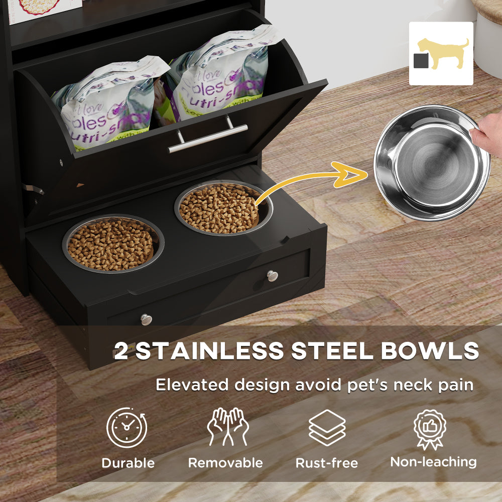Pet Feeder Station Storage Cabinet, with Dog Raised Bowls, Black