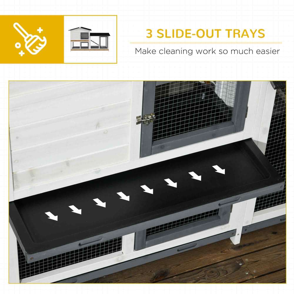 PawHut 62" Rabbit Hutch, Wooden Bunny Hutch, Guinea Pig Cage, Small Animal Enclosure with Run Area, Removable Tray, Asphalt Roof, Lockable Doors and Ramp, White