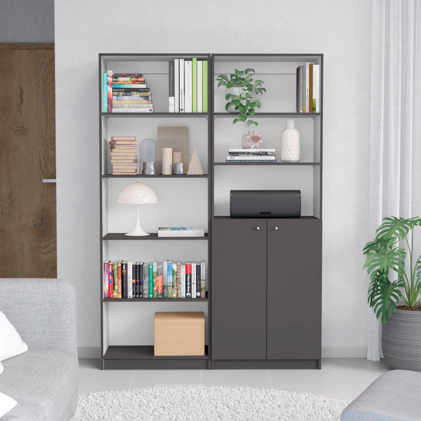 Layton 2 Piece Home Bookcase set, 49' Wide with 8 Shelves and Double Door Cabinet, Living Room Set Matte Gray - White