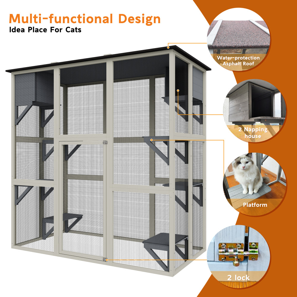 70.9" Gray Wooden Outdoor Catio Cat Enclosure with Weatherproof Asphalt Roof, Large Walk-in Cat House with 6 Platforms & 2 Napping Boxes, Solid Wood Cat Cage Playpen for Patio or Backyard