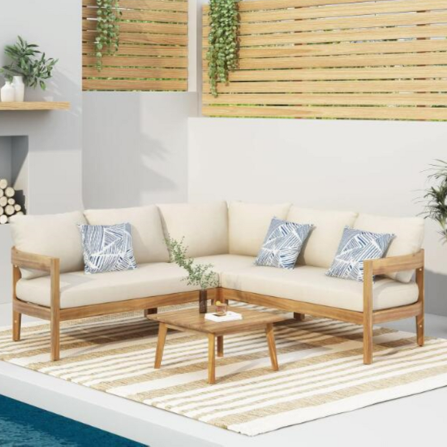 Brooklyn Sofa Set - Rounded Tuxedo Design Teak Beige Acacia Wood Outdoor Furniture