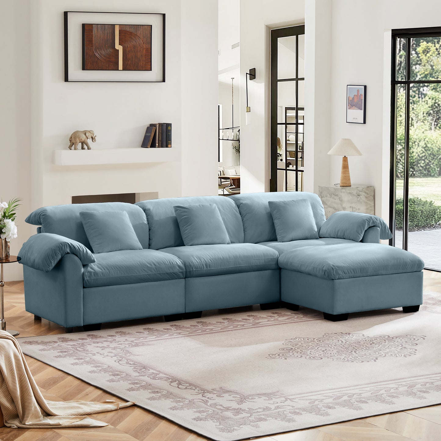 L Shaped Sectional Sofa With Storage Seats and Storage Ottoman, Modern Velvet 3 -Seat Sofa With Reversible Ottoman, Soft Cushion Fluffy Armrest Couch for Living Room , Blue