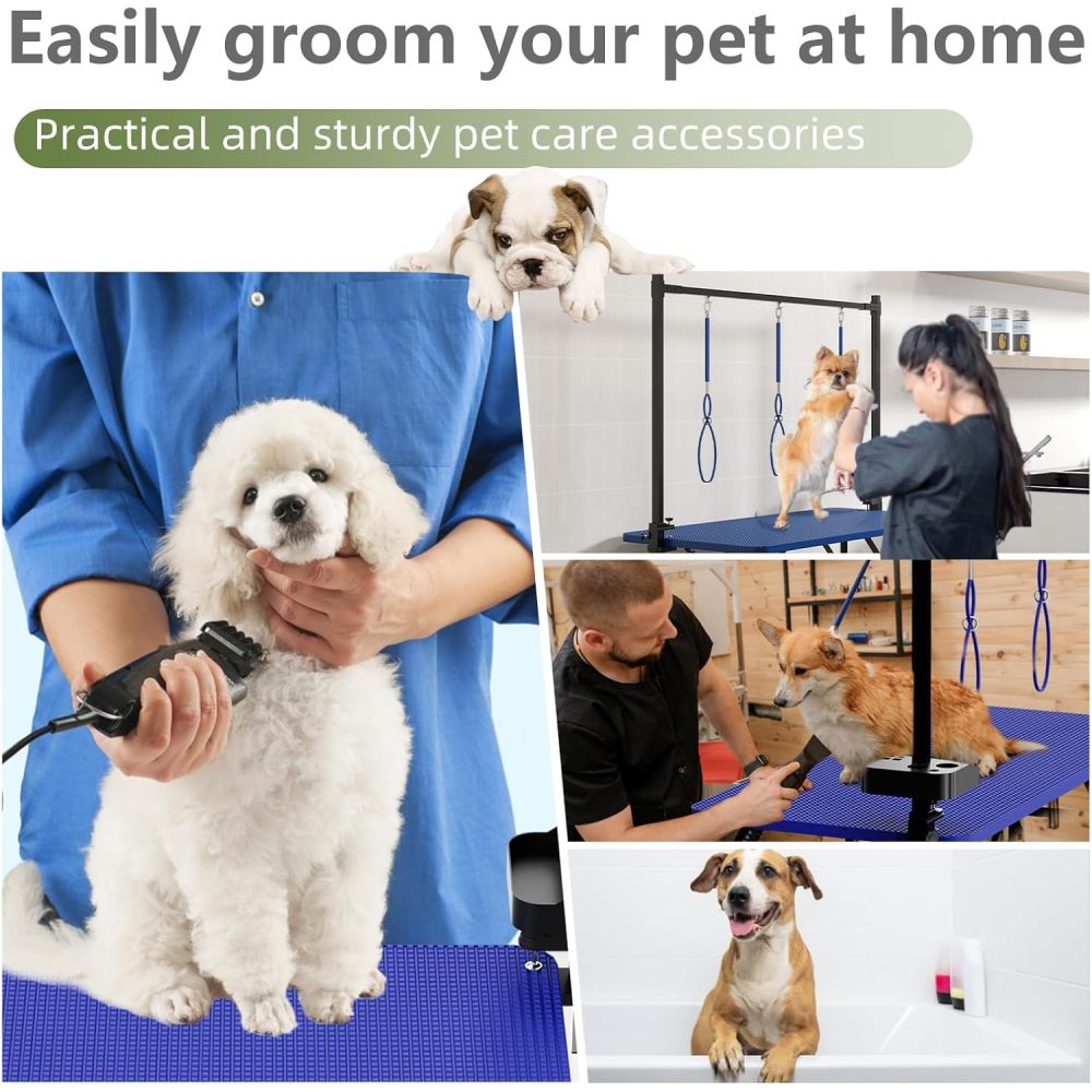 47''Large Dog Grooming Table, Foldable Pet Station at Home, Dog Grooming Table,Adjustable Cat Drying Desktop with Arms, Nooses, Mesh Tray (47Inch Pet Grooming Table Blue)