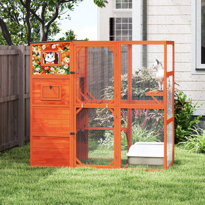 70" H Large Outdoor Cat Enclosure, 4-Tier Window Design Outdoor Cat Catio with Weatherproof Roof, 2 Resting Rooms, 2 Platforms, Orange with Colorful Patterns