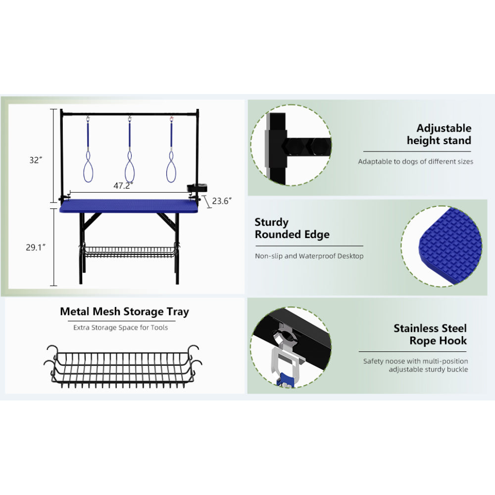 47''Large Dog Grooming Table, Foldable Pet Station at Home, Dog Grooming Table,Adjustable Cat Drying Desktop with Arms, Nooses, Mesh Tray (47Inch Pet Grooming Table Blue)
