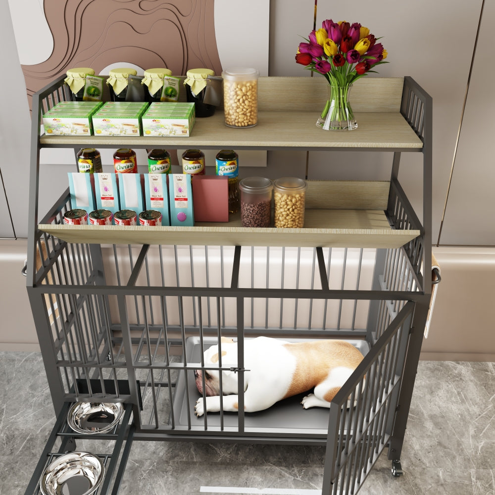 Large pet cage with storage rack, drawers with stainless steel food and water basins, double-layer storage rack made of iron frame and MDF material, sturdy, exquisite, and practical (black+beige)
