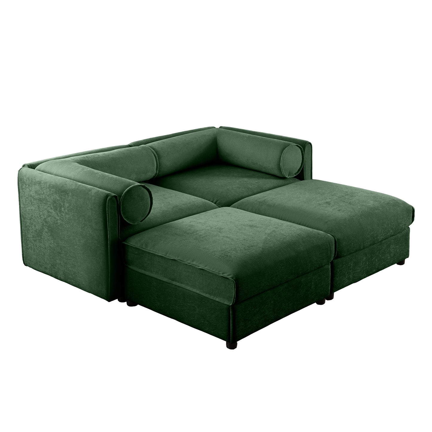 Stylish Modern Green Chenille 2-Seater Sofa with Ottoman Storage and Cylindrical Armrests