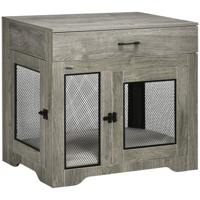 PawHut Dog Crate Furniture with Soft Water-Resistant Cushion, Dog Crate End Table with Drawer, Puppy Crate for Small Dogs Indoor with 2 Doors, Grey