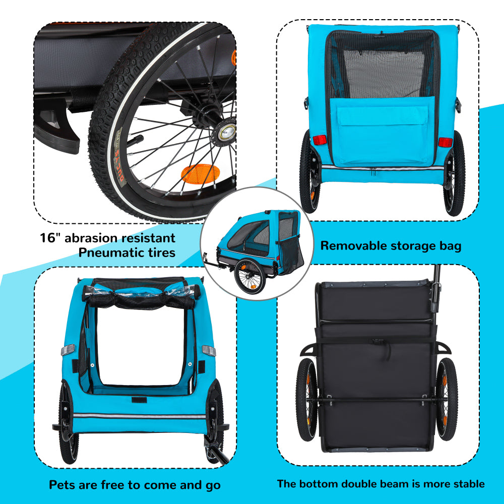 Pet Bike Trailer Dog Cart for Bicycle,Suitable for Small and Medium Pets, Easy Folding Cart Frame, Quick Release Wheel, Non-Slip Floor, Internal Leash, blue+Grey