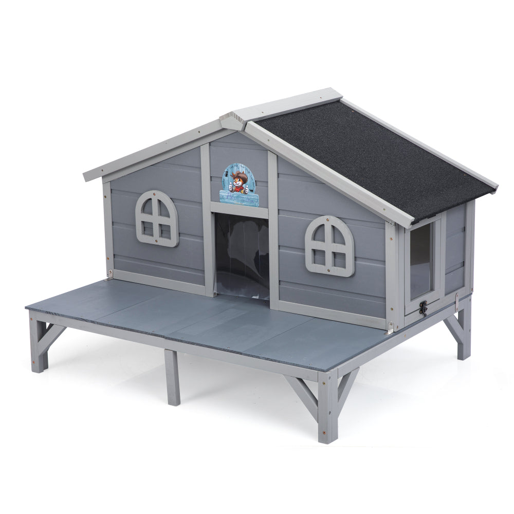 All Weather Wooden Cat House, Indoor Outdoor Cat Enclosure with Play Pen, Cozy Fringe Curtains, Lockable Doors for Kittens and Large Cats, Gray