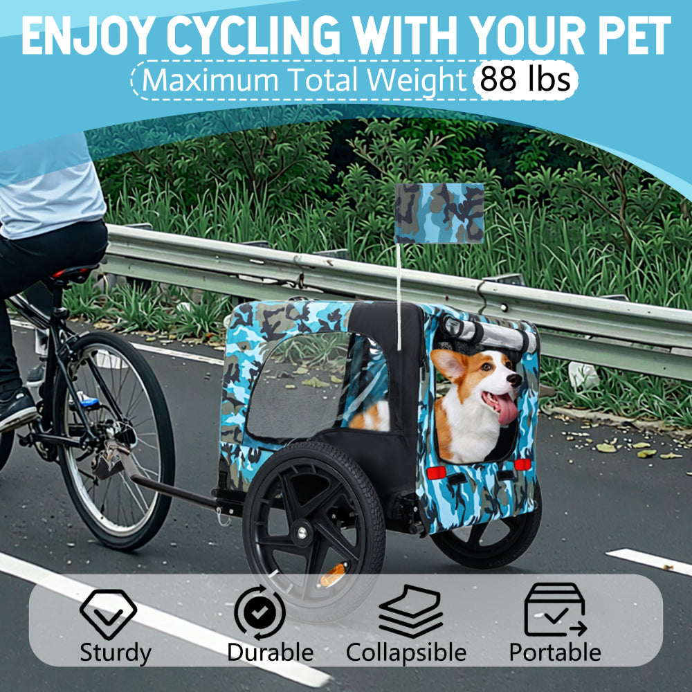 Outdoor Heavy Duty Collapsible Pet Bike Trailer with 16-Inch All-Terrain Wheels & Universal Hitch – Foldable Dog/Cargo Carrier Cart for Bicycles, blue+black