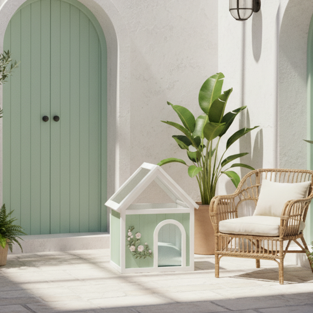 Transparent Roof Wooden Pet House with Floral Carvings  FSC Cedar Indoor Shelter for Cats & Small Dogs 63.5×47.5×77.6 cm