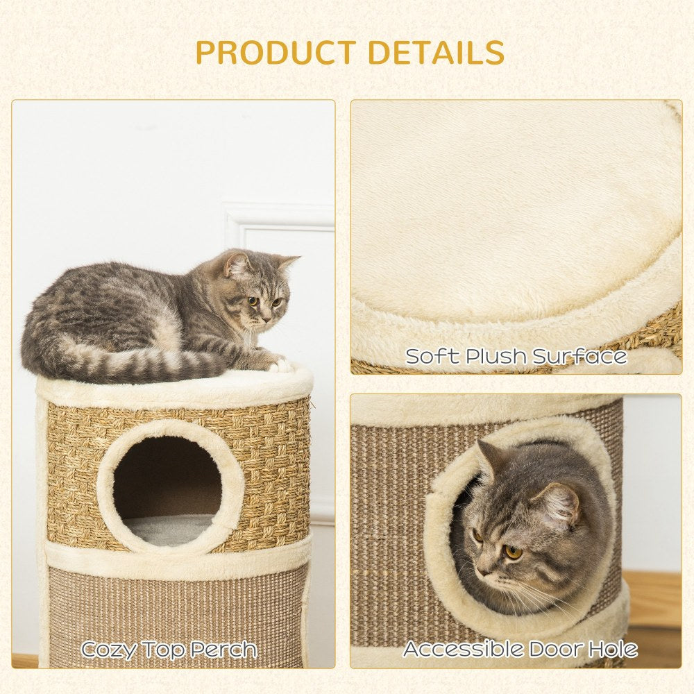 PawHut 28 Inch Cat Condo, 3 Story Cat Hideaway with Sisal Scratching Pad, Barrel Shaped Small Cat Tree for Indoor Cats, Khaki and Brown