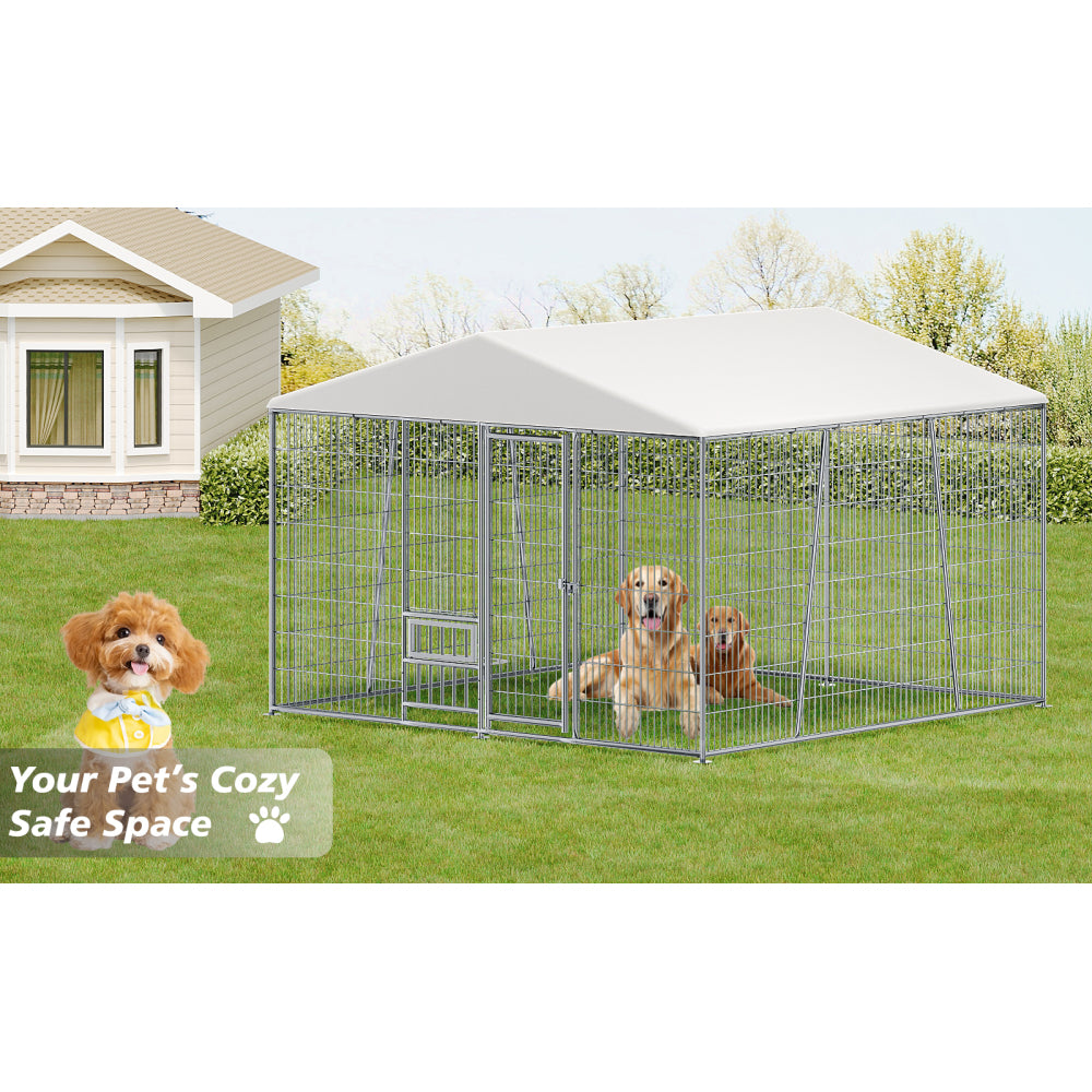 10 x 10-FT heavy-duty outdoor dog kennel with feeding bowl, full coverage waterproof roof, easy-to-assemble wire mesh fence with secure lock.