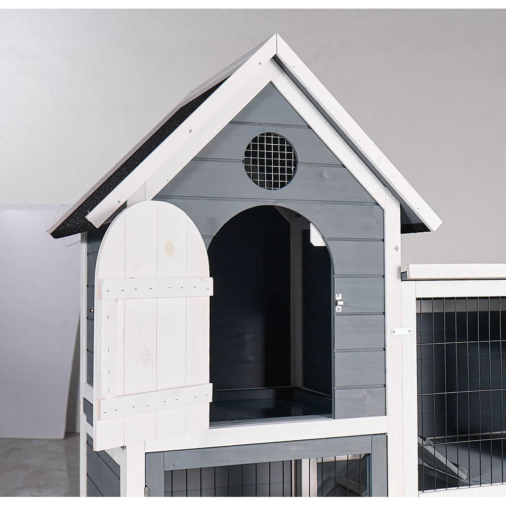Large Outdoor Chicken Coop Cage, Weatherproof 2-Story Chicken Coop & Rabbit Hutch, Wooden Indoor/Outdoor Pet House with No-Leak Tray, Waterproof Roof & Pull-Out Tray (50.98" L × 48.23" H, Grey, Blue &