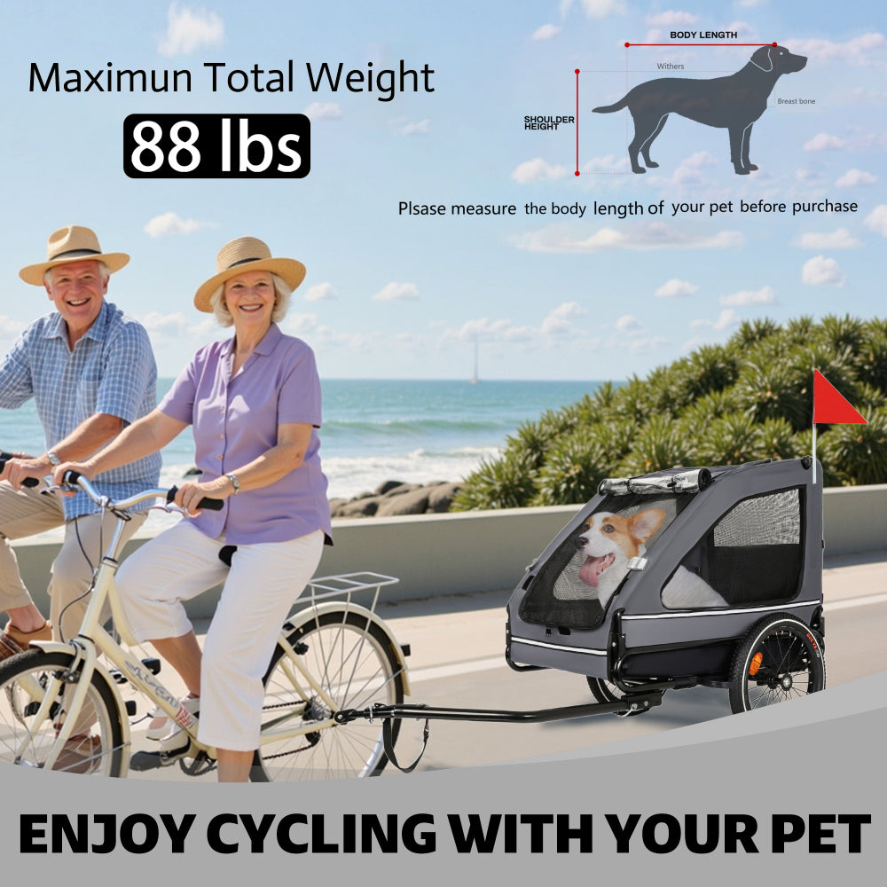 Pet Bike Trailer Dog Cart for Bicycle,Suitable for Small and Medium Pets, Easy Folding Cart Frame, Quick Release Wheel, Non-Slip Floor, Internal Leash, Black+Grey