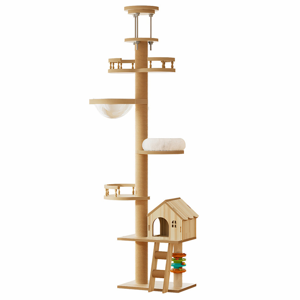 Floor to Ceiling Cat Tree, Cat Tower with Scratching Post, Adjustable Height(98-110 Inch), Large Wood Condo Cave Bed and Hammock, Modern Cat Activity Tree