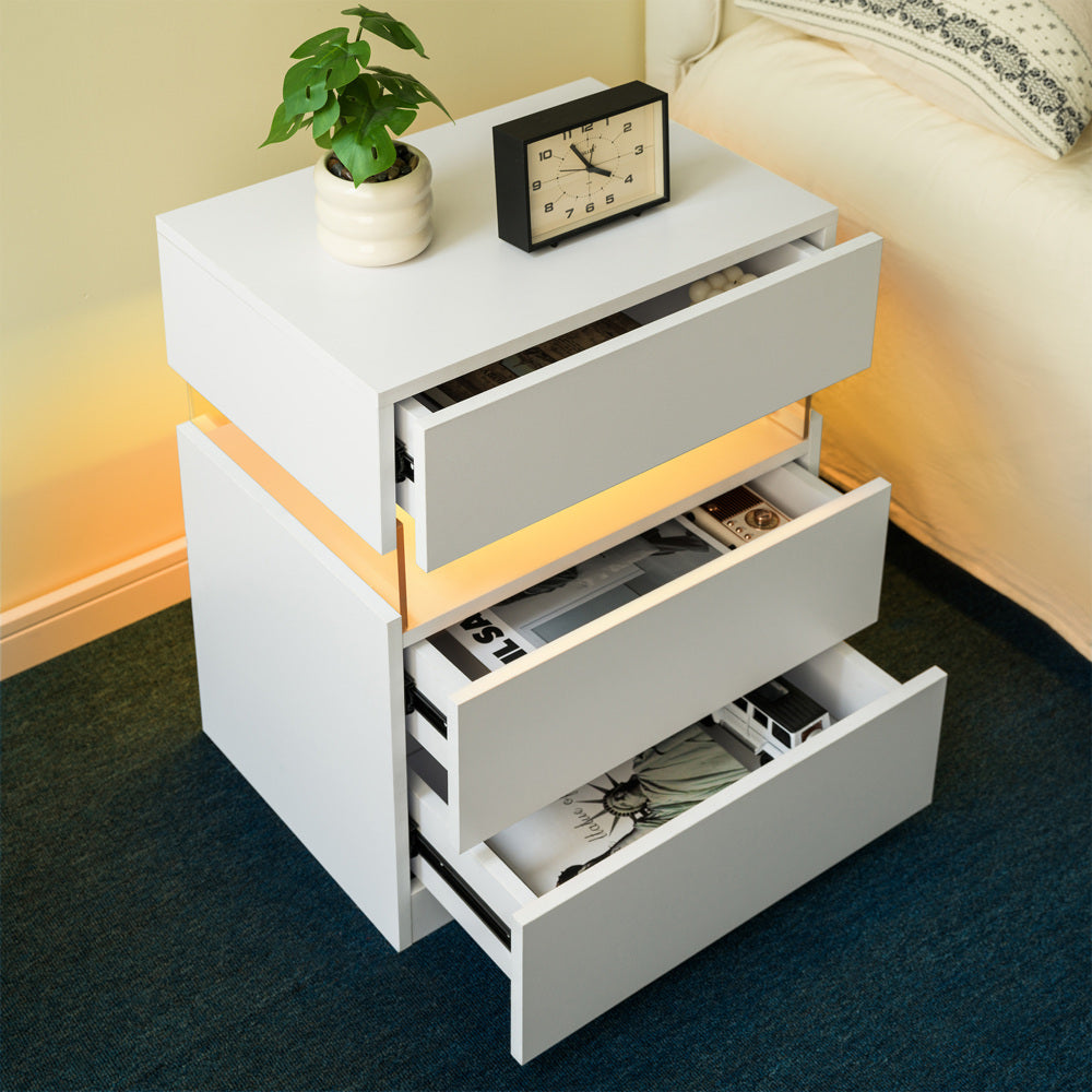 SunJet LED Nightstands 3 Drawer Dresser for Bedroom End Table with Acrylic Board LED Bedside Tables for Bedroom Living Room Bedside Furniture (White)