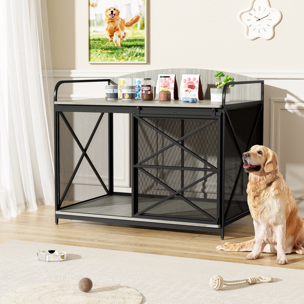GO 42.8" Heavy Duty Large Dog Crate Furniture for Large Medium Dog, Farmhouse Wooden Dog Kennel Indoor End Table, Decorative Pet House for Large Dogs, Gray