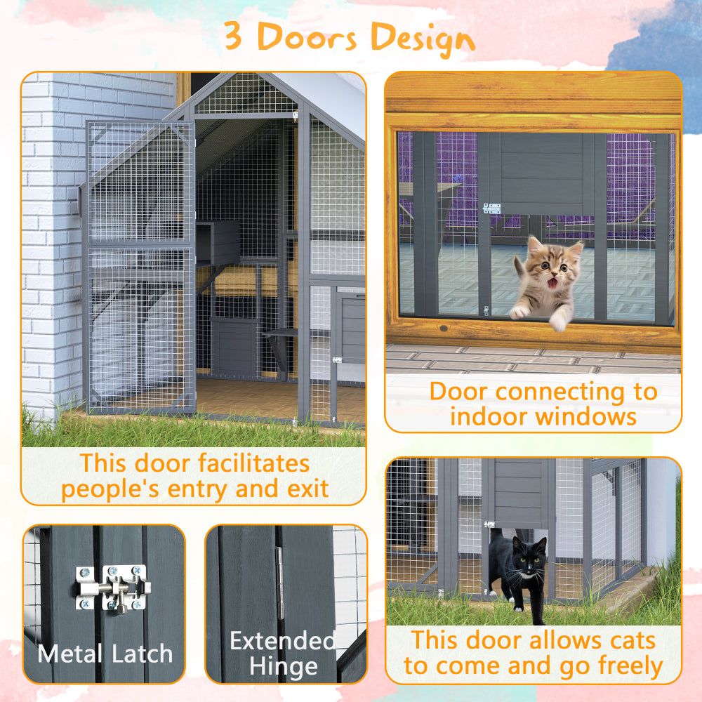 Large Outdoor Cat House, 28ft² Luxury Wooden Cat Run Enclosure Walk in Cat Catio Kitten Condo with 2 Cat Doors, 2 Playpen & Hiding Houses, Bridges, Walks, Roof Cover, Grey
