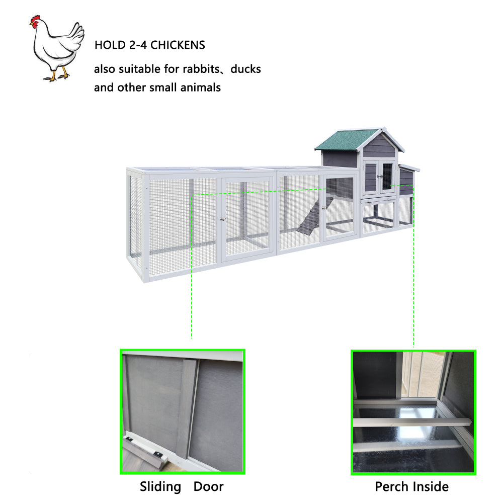 Gray Wooden Chicken Coop Outdoor Hen House with Run, Waterproof Roof & Nesting Box, Rabbit Duck Poultry Cage with Perch, Sliding Tray, and Secure Locks