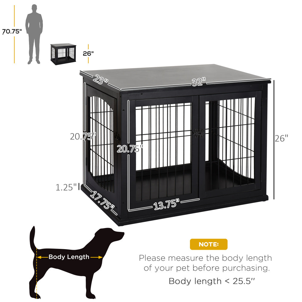 PawHut Dog Crate Furniture, Small Dog Cage End Table with Two Opening Sides, Lockable Door, Puppy Kennel Indoor, Cute and Decorative, Black