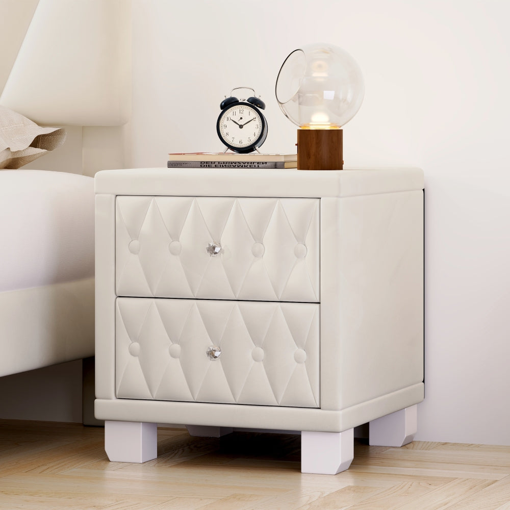 SunJet  Elegant Velvet Nightstand with 2 Drawers and Crystal Handle, Storage Bedside Table with Button-Tufted, Beige