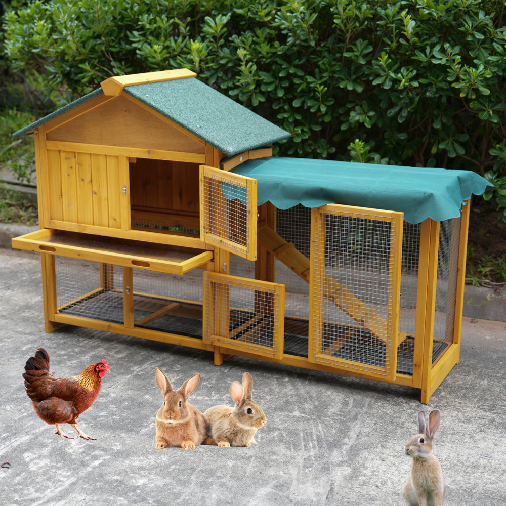 Rabbit Hutch, Indoor Bunny Cage, Outdoor Rabbit Cages with Run, Pet House with Deeper No Leak Tray, UV Panel, Removable Bottom Wire Mesh for Small Animals,Removable waterproof and sun protection cover