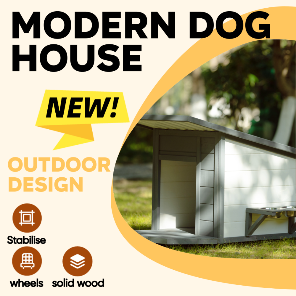 Outdoor Solid Wood Dog house, 15.8" H x 12.4" W Modern Style Design Waterproof  Dog House With Food bowl for Small Dogs, 4 swivel wheels