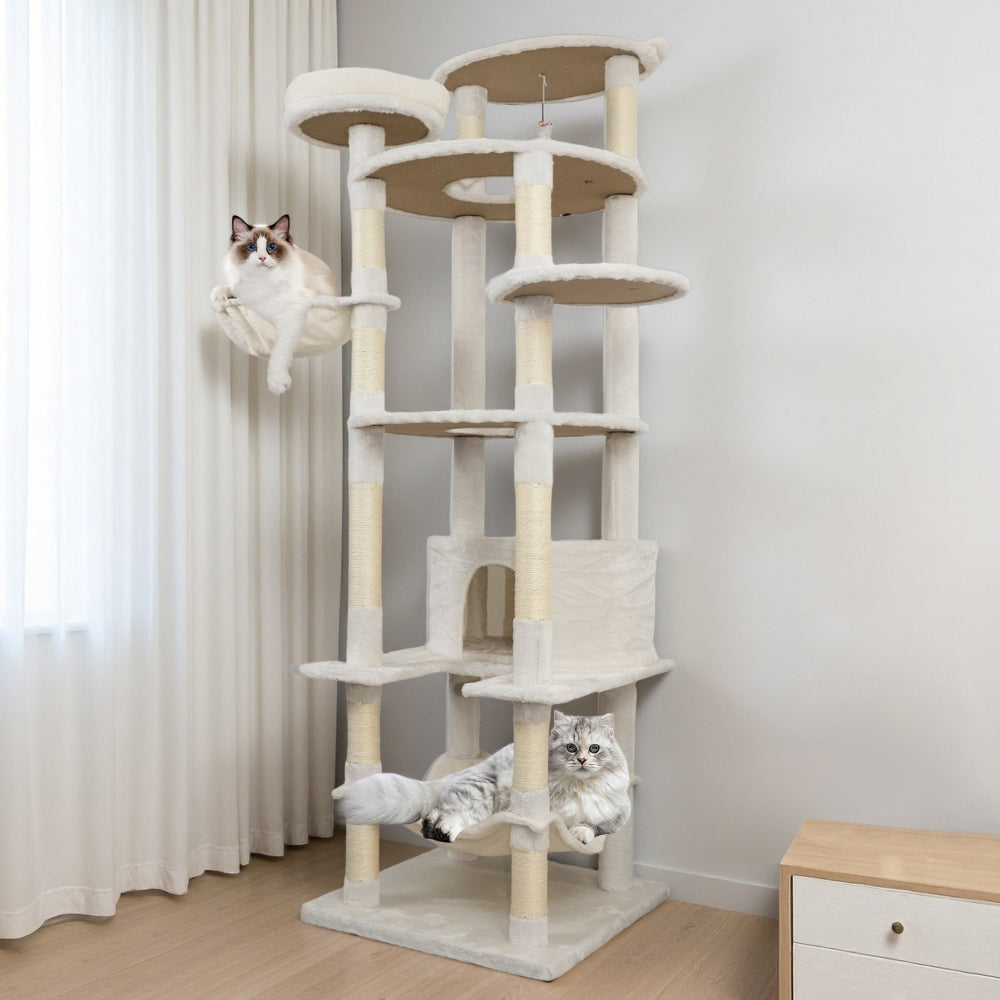 84 in Beige cat tree tower with large condo sisal scratching post big hammock and top platform