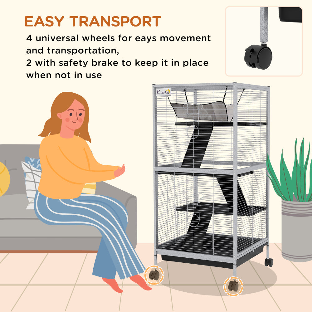 PawHut Metal Small Animal Cage Rolling Big Ferret Cage, Chinchilla Cage, Sugar Glider Cage, with Hammock & 4 Tiers, Removable Tray, White