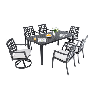 Modern Classic 7PC Outdoor Patio Dining Set with Rectangular Table, Six Chairs, Cast Aluminum, Ember Black, Sunbrella Cushions