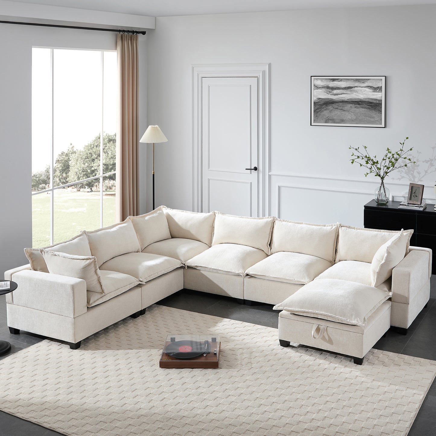 [VIDEO+NEW]118'' Modular Sectional Sofa with Movable Storage Ottoman,7 Seat U Shaped Couch,Wide Seat & Free Combination,Oversized Chenille Sofa for Living Room & Apartment,2 Colors