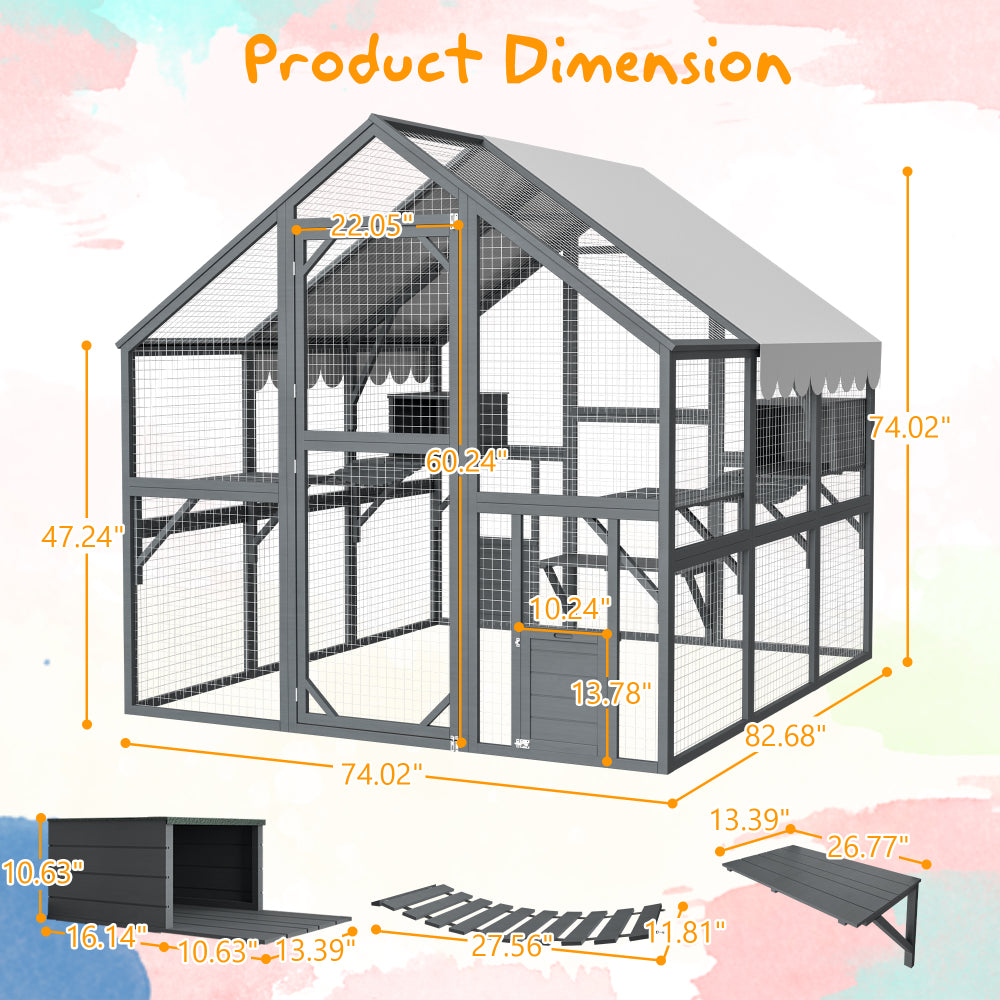 Premium Cat Run Large Outdoor Enclosure, Wooden Catio Kitty Mansion with Suspension Bridges, Strolling Paths, Cozy Cabins, Protective Roof Cover, 82 Inch Expanse
