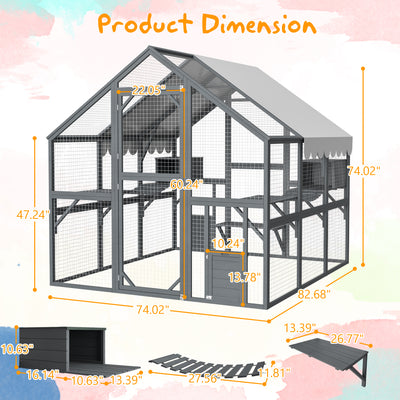 Premium Cat Run Large Outdoor Enclosure, Wooden Catio Kitty Mansion with Suspension Bridges, Strolling Paths, Cozy Cabins, Protective Roof Cover, 82 Inch Expanse