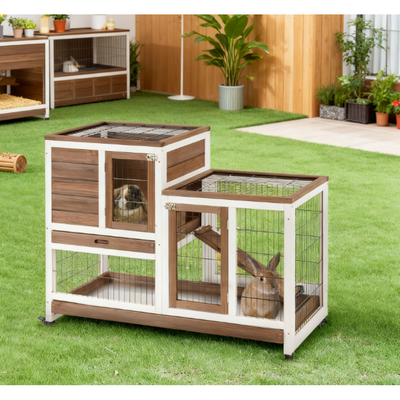 Wooden Rabbit Hutch Elevated Bunny Cage Indoor  with Enclosed Run with Wheels, Ramp, Removable Tray , Brown
