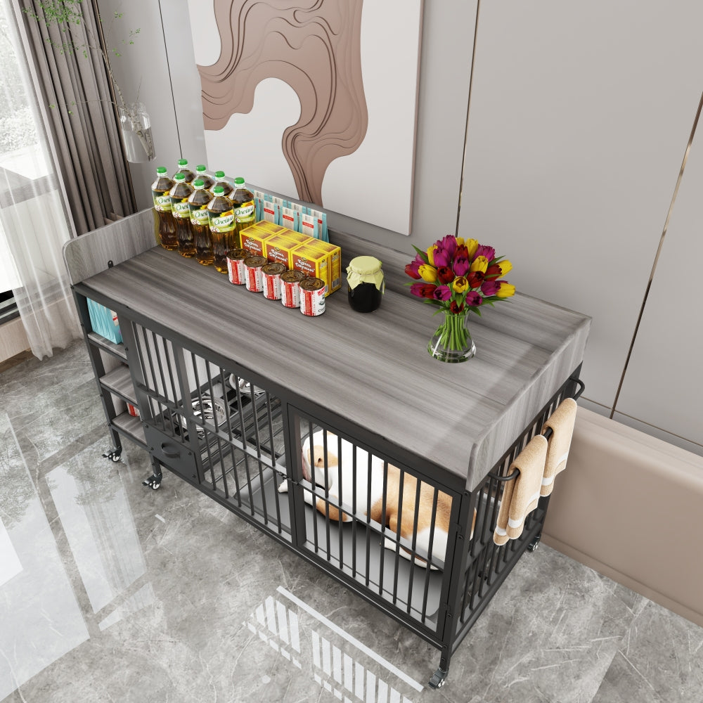 Large pet cage with storage rack, drawers with stainless steel food and water basin, made of iron frame and MDF material, sturdy, exquisite, and practical (black+smoke gray)