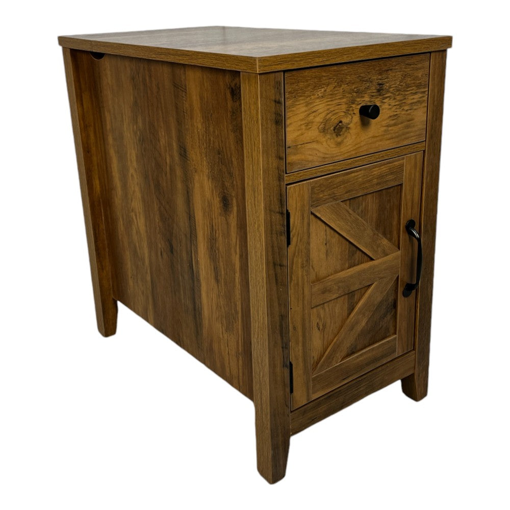 SunJet Farmhouse End Table Bedside Table with Charging Station,Night Stand with Barn Door and Drawer, Storage for Bedroom Living Room ,Bedside Table,  White+Black color