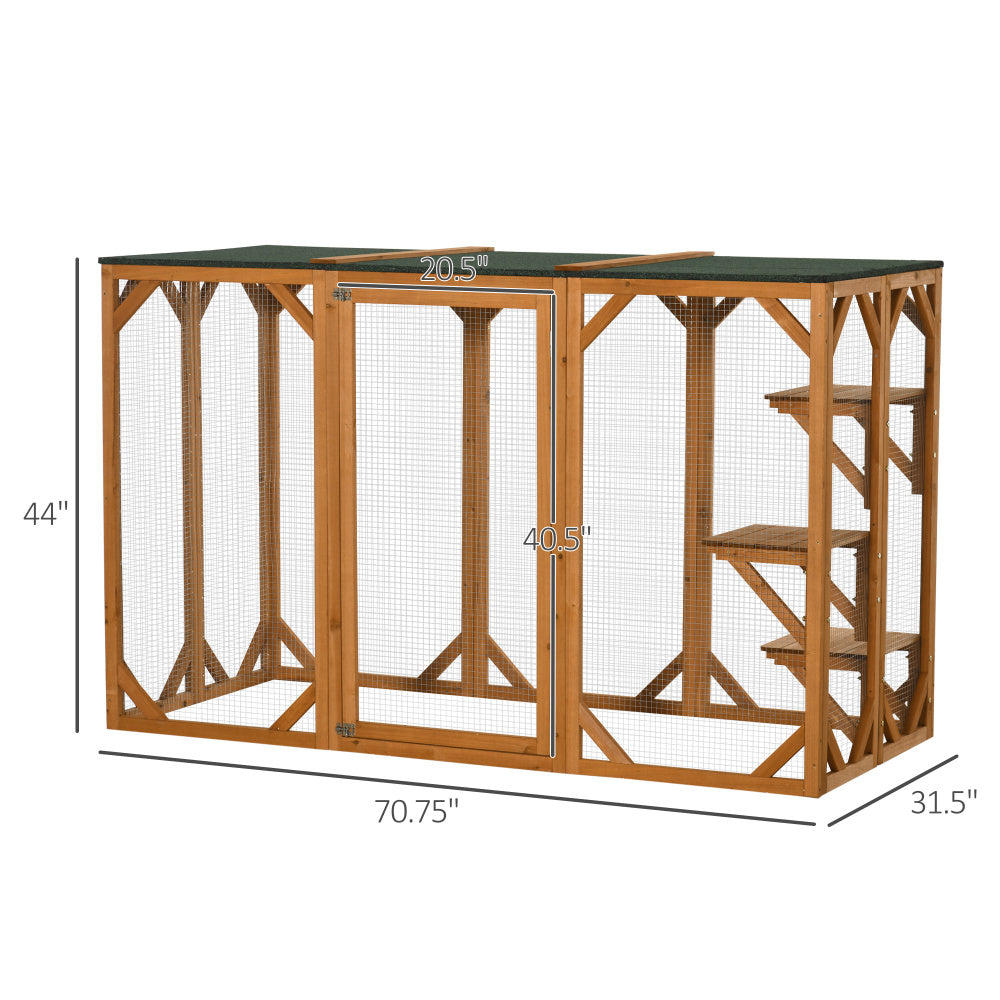 PawHut Outdoor Cat House, Catio Wooden Feral Cat Shelter, Cat Cage with Platforms, Large Enter Door, Weather Protection Asphalt Roof, 71" L, Orange