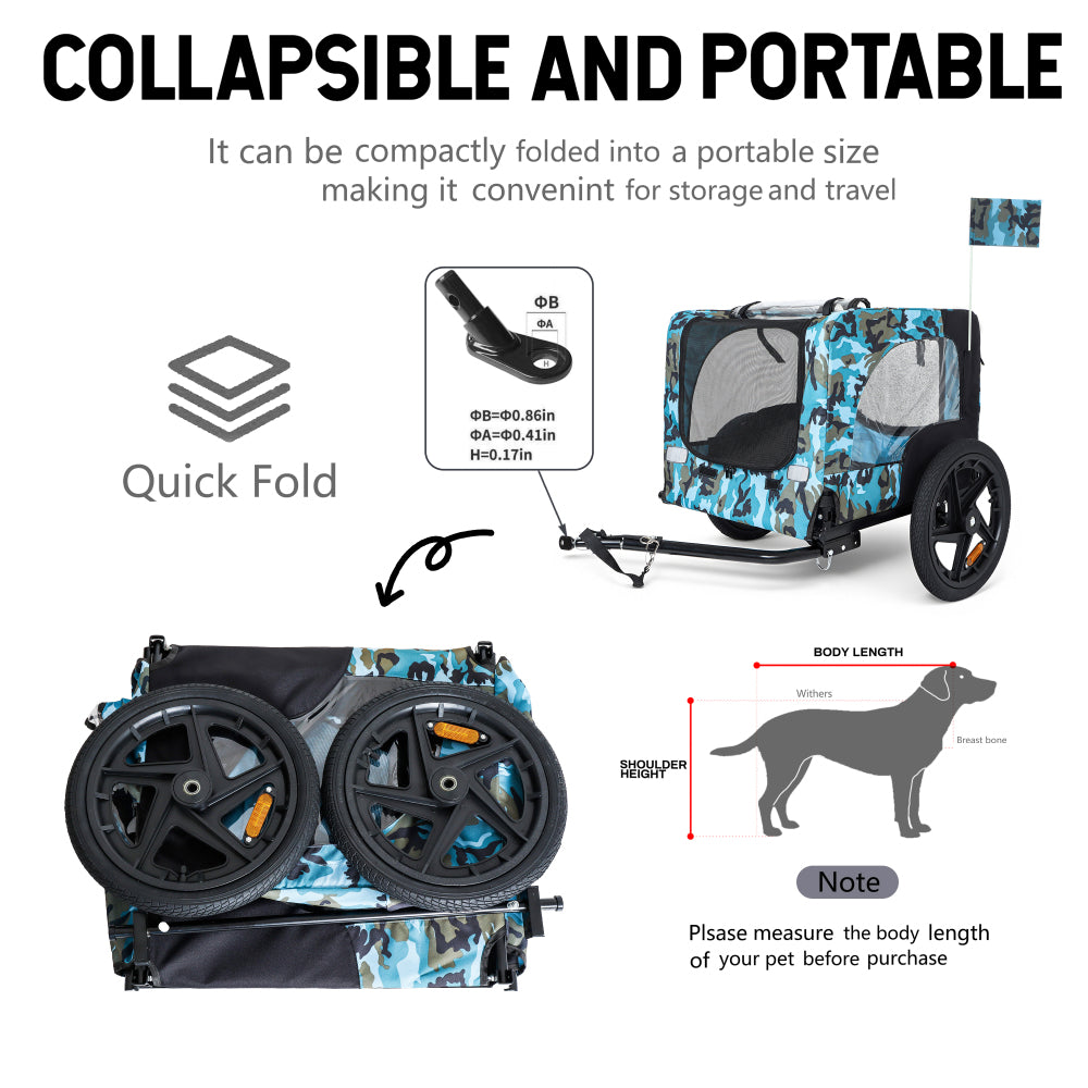 Outdoor Heavy Duty Collapsible Pet Bike Trailer with 16-Inch All-Terrain Wheels & Universal Hitch – Foldable Dog/Cargo Carrier Cart for Bicycles, blue+black