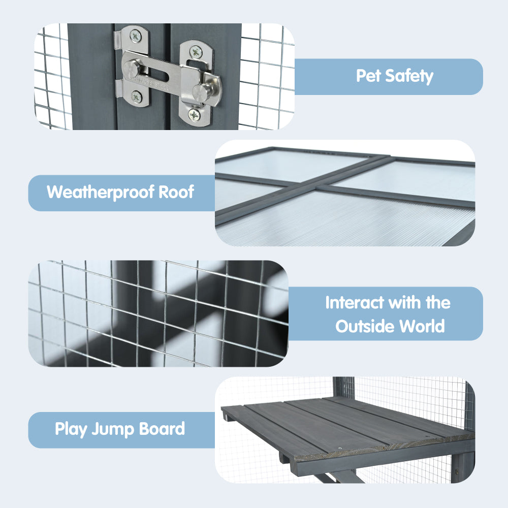 Catio Outdoor Cat Enclosure with Double Enter Doors, Grey Climbing shelves, Weatherproof Pine Wood Playground with 7 Freely Combination Wood Boxes