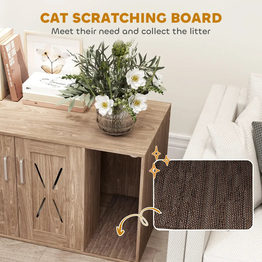 31.5" x 19" x 20" Cat Washroom End Side Table Cat Litter Box Enclosure with Scratching Board