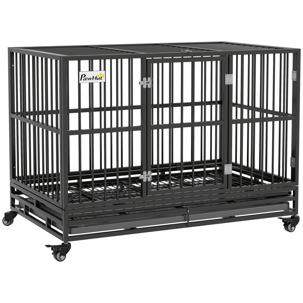 PawHut 48" Heavy Duty Dog Crate Metal Cage Kennel with Lockable Wheels, Double Door and Removable Tray, Gray