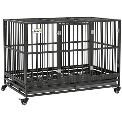 PawHut 48" Heavy Duty Dog Crate Metal Cage Kennel with Lockable Wheels, Double Door and Removable Tray, Gray