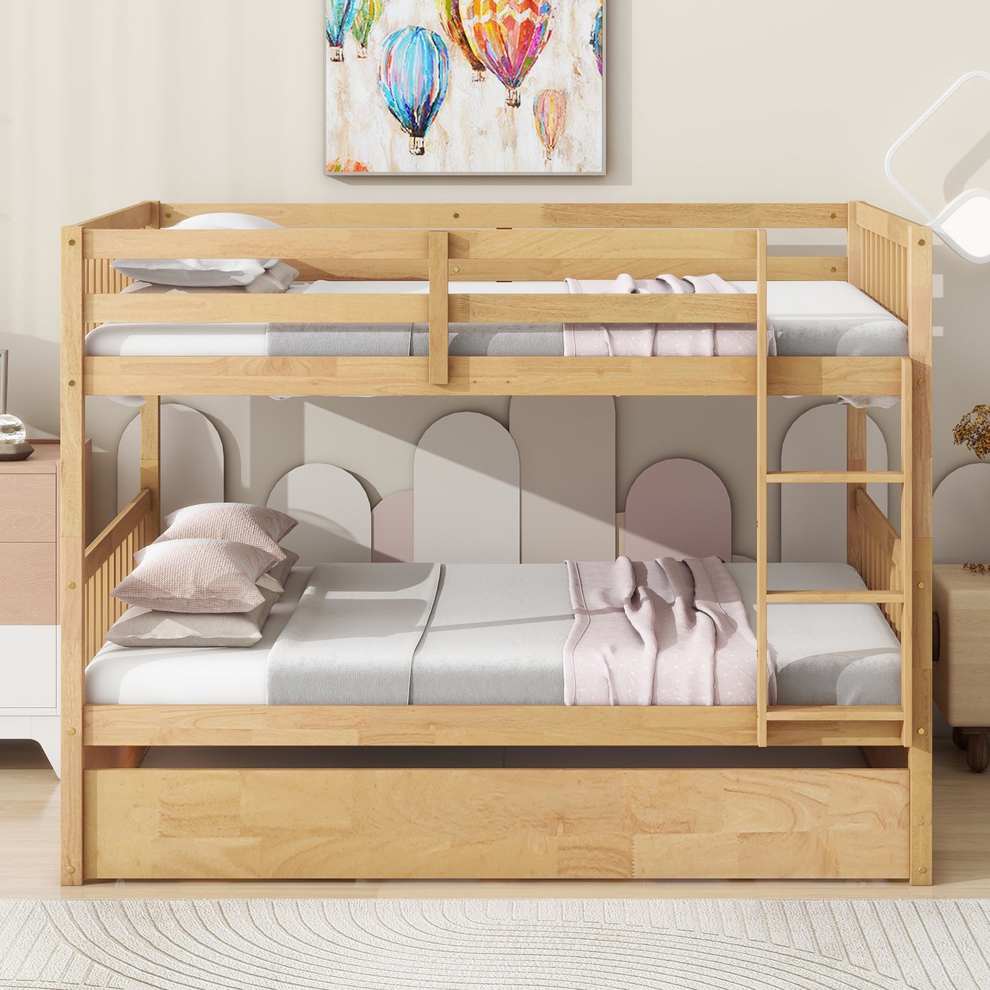 Full Over Full Rubber Wood Bunk Bed with Trundle, Ladder and Guardrails, Convertible to 2 Full Size Beds, with Twin Size Trundle,White Oak
