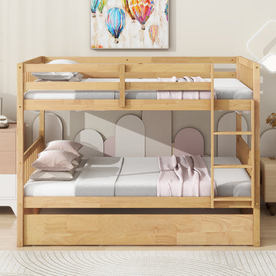 Full Over Full Rubber Wood Bunk Bed with Trundle, Ladder and Guardrails, Convertible to 2 Full Size Beds, with Twin Size Trundle,White Oak
