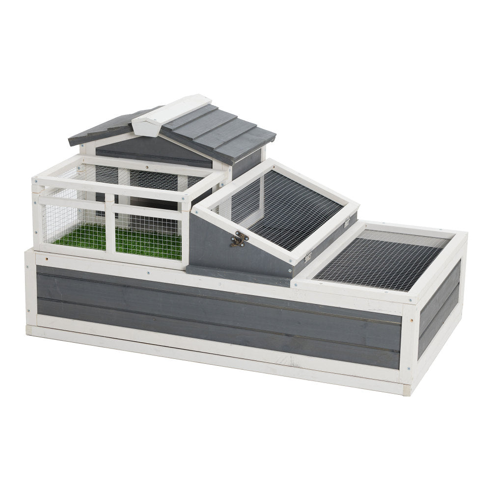 3-Room Tortoise House Habitat with Turf Balcony & 2 Stories, Indoor/Outdoor Wooden Tortoise Enclosure with Ladder, Tray, Openable Roof, Large Reptile Cage