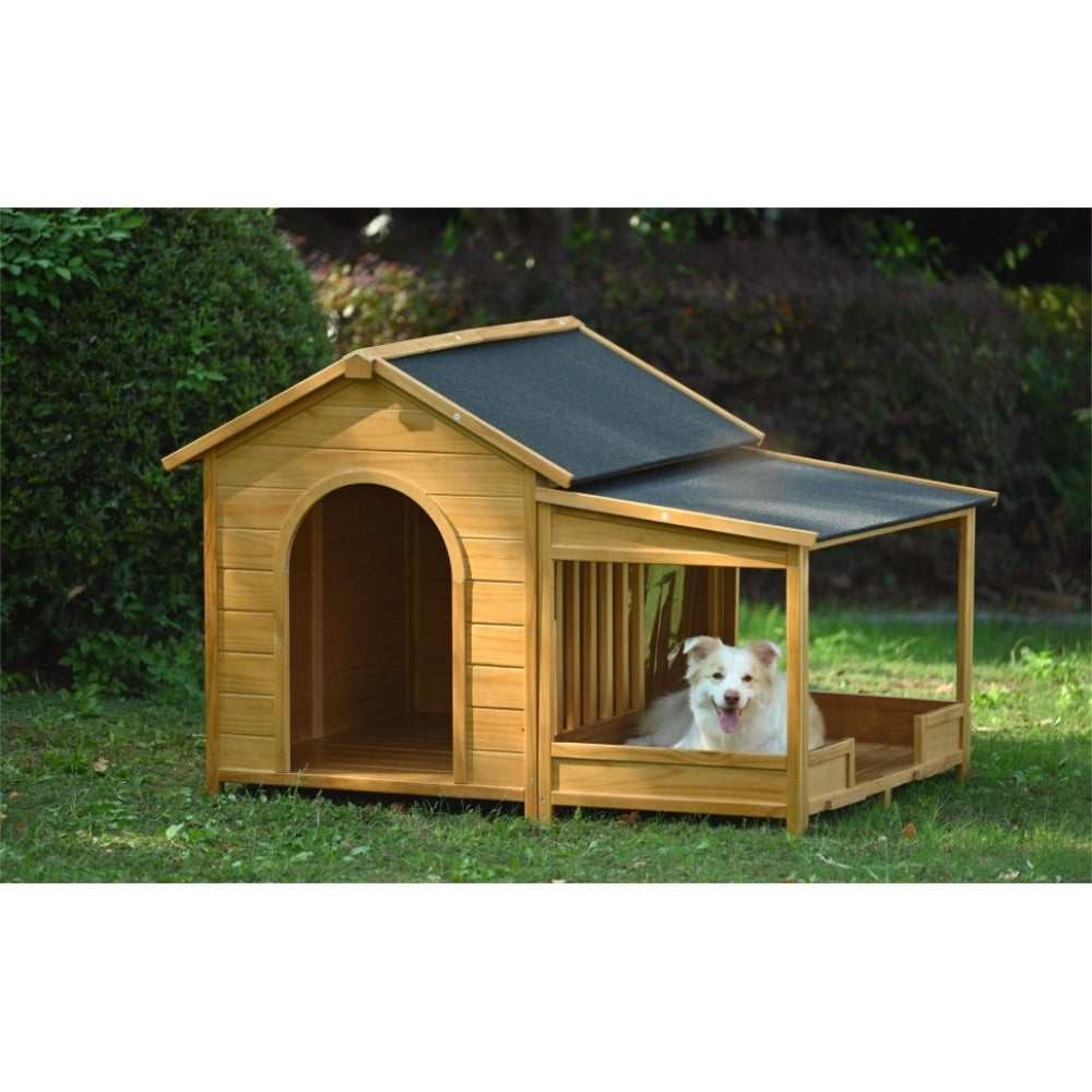 60.2" Large Wooden Dog House with Porch, Cabin Style Dog Crate with Asphalt Roof and Elevated Floor, Dog Kennel with Side Window and Doors, Perfect for Medium & Large Dogs, Nature