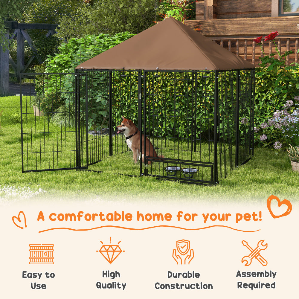 PawHut Outside Dog Kennel, 4.6' x 4.6' x 5' Puppy Play Pen with Canopy, Garden Playpen Fence Crate Enclosure Cage Rotating Bowl, Black
