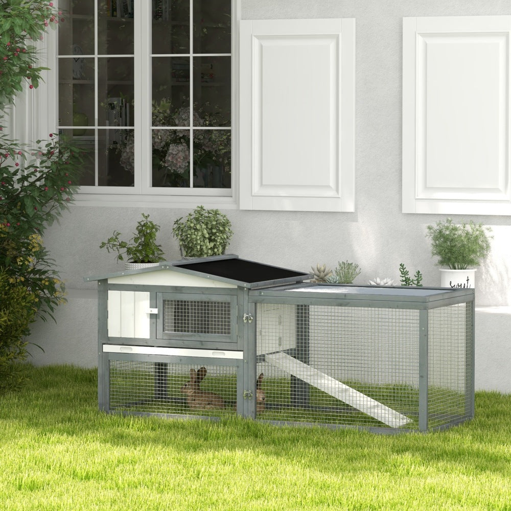 PawHut Large Rabbit Hutch Outdoor, 2-Tier 61" L Rabbit Cage with Run Feeding Trough Wooden Guinea Pig Hutch with Removable Tray, Ramp, Asphalt Roof, for 1-2 Rabbits, White